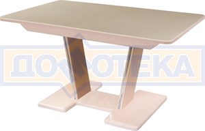 Обеденный стол с камнем Румба ПР-2 с центральной ножкой 06/МД 05-2 МД/КР КМ 06, молочный дуб/камень песочного цвета